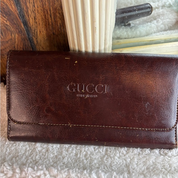 Vintage Gucci Brown Leather Wallet tree fold - Picture 1 of 12